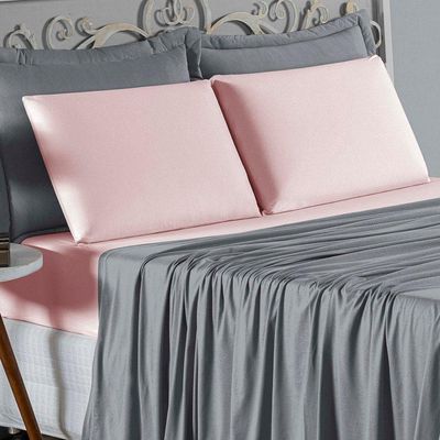 Jogo De Cama Casal Viúva Nobre 4 Peças Malha 100% Algodão - Cinza / Rosa