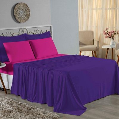 Jogo De Cama Queen Nobre 4 Peças Lençol Com Elástico De 30cm De Altura Malha 100% Algodão - Roxo / Pink