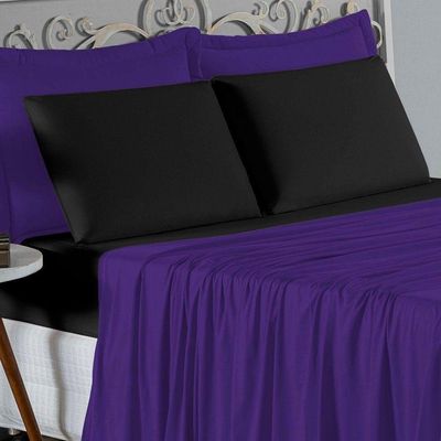 Jogo De Cama Queen Nobre 4 Peças Lençol Com Elástico De 30cm De Altura Malha 100% Algodão - Roxo / Preto