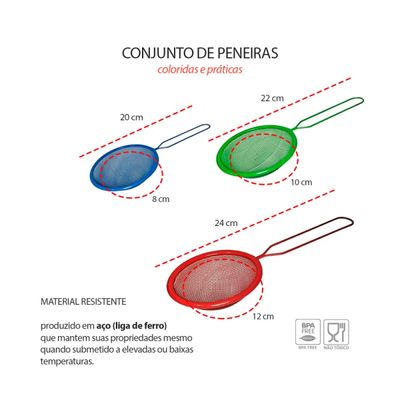 Peneira Aço Colorido Confeitaria Cozinha Bar Jogo 3 Tamanhos
