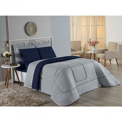 Edredom King Nobre 1 Peça Dupla Face 2,50m X 2,90m Malha 100% Algodão - Cinza / Azul-marinho