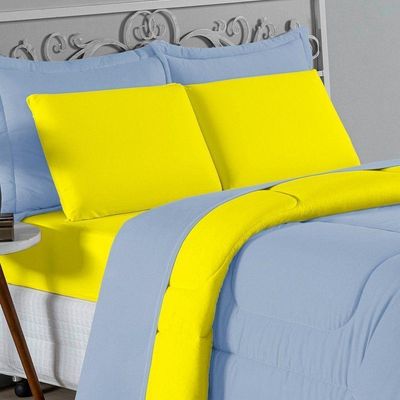 Edredom Queen Nobre 1 Peça Dupla Face 2,20m X 2,40m Malha 100% Algodão - Azul-bebê / Amarelo