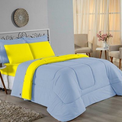 Edredom Queen Nobre 1 Peça Dupla Face 2,20m X 2,40m Malha 100% Algodão - Azul-bebê / Amarelo