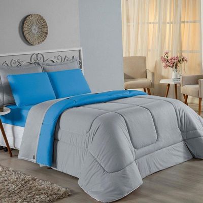 Edredom Queen Nobre 1 Peça Dupla Face 2,20m X 2,40m Malha 100% Algodão - Cinza / Turquesa
