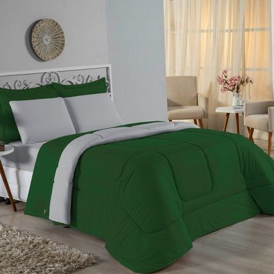 Edredom Queen Nobre 1 Peça Dupla Face 2,20m X 2,40m Malha 100% Algodão - Verde-bandeira / Cinza