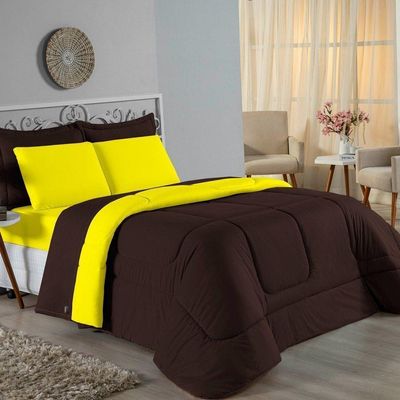 Edredom Queen Nobre 1 Peça Dupla Face 2,40m X 2,60m Malha 100% Algodão - Marrom / Amarelo