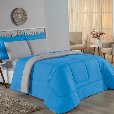 Edredom King Nobre 1 Peça Dupla Face 2,50m X 2,90m Malha 100% Algodão - Turquesa / Cinza