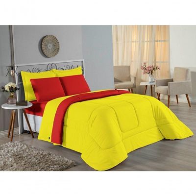 Kit Edredom Dupla Face + Jogo De Lençol Queen Nobre 6 Peças Malha 100% Algodão - Amarelo / Vermelho