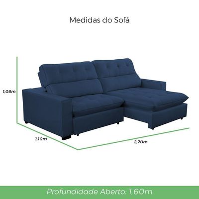 Sofá 2 Lugares 2,70m Retrátil Reclinável Veludo Andreia Lansofbr Azul Marinho