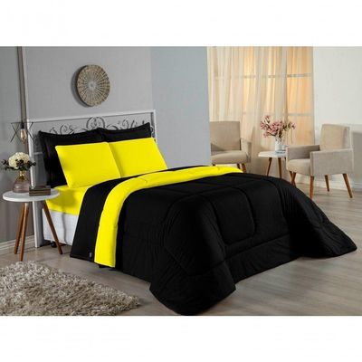 Edredom Casal Nobre 1 Peça Dupla Face 2,00m X 2,20m Malha 100% Algodão - Preto / Amarelo