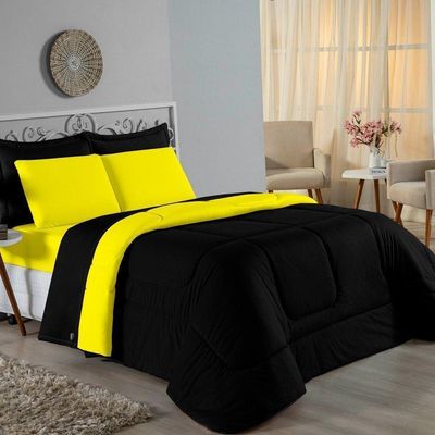 Edredom Casal Nobre 1 Peça Dupla Face 2,00m X 2,20m Malha 100% Algodão - Preto / Amarelo