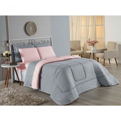 Edredom Casal Nobre 1 Peça Dupla Face 2,00m X 2,20m Malha 100% Algodão - Cinza / Rosa