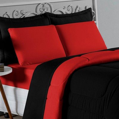 Edredom Solteiro Nobre 1 Peça Dupla Face 1,60m X 2,40m Malha 100% Algodão - Preto / Vermelho