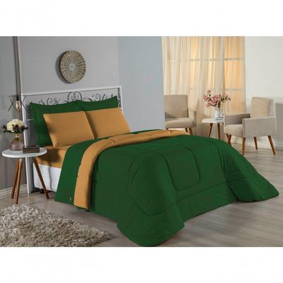 Edredom Solteiro Nobre 1 Peça Dupla Face 1,60m X 2,40m Malha 100% Algodão - Verde-bandeira / Cobre
