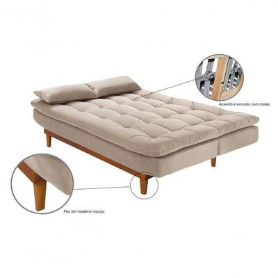 Sofá Cama Dubai 3 Lugares Império Reclinável Casal Pés Madeira Madero Areia 376