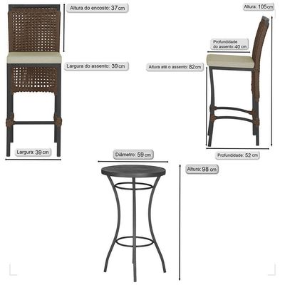 Mesa Bistrô E 4 Banquetas Roma Preta, Corda Estofado 7 Trama Marrom