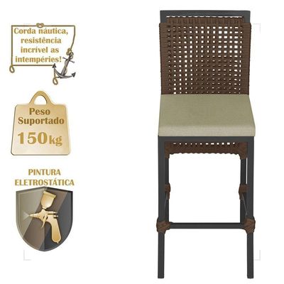 Mesa Bistrô E 4 Banquetas Roma Preta, Corda Estofado 7 Trama Marrom
