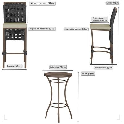 Mesa Bistrô E 4 Banquetas Roma Marrom Corda Estofado 7 Trama Preto
