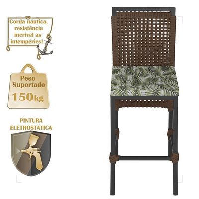 Mesa Bistrô E 4 Banquetas Roma Preta Corda Estofado 5 Trama Marrom