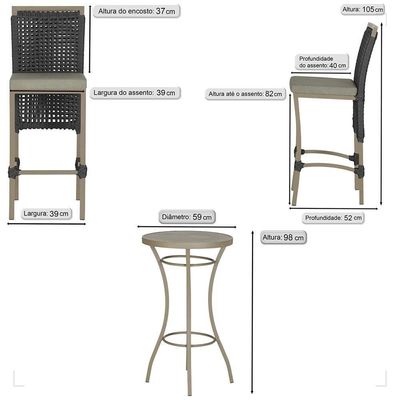 Mesa Bistrô E 4 Banquetas Roma Fendi Corda Estofado 8 Trama Preto