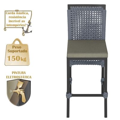 Mesa Bistrô E 2 Banquetas Roma Preta Corda Estofado 7 Trama Prata