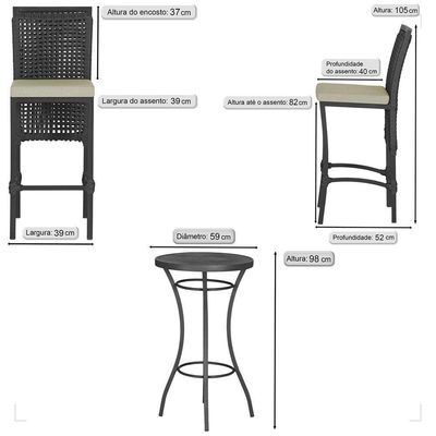 Mesa Bistrô E 2 Banquetas Roma Preta Corda Estofado 7 Trama Preto