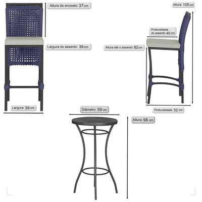 Mesa Bistrô Com 4 Banquetas Roma Preta Corda Náutica 3 Trama Azul