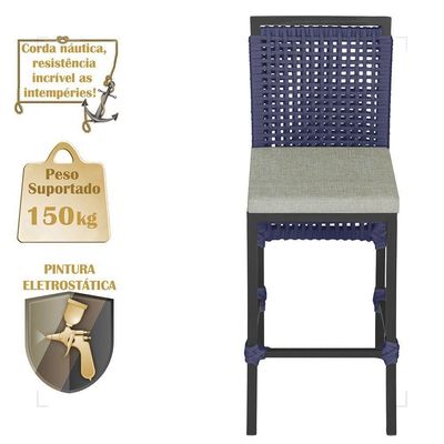 Mesa Bistrô Com 4 Banquetas Roma Preta Corda Náutica 3 Trama Azul