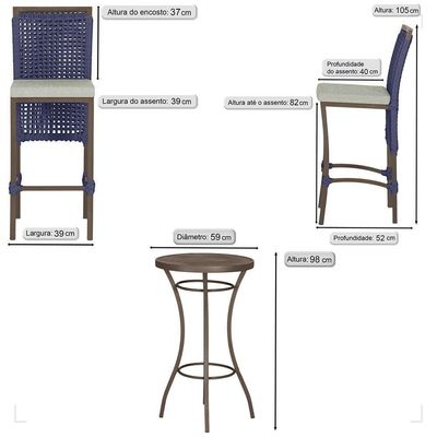 Mesa Bistrô 4 Banquetas Roma Marrom Corda Náutica 3 Trama Azul