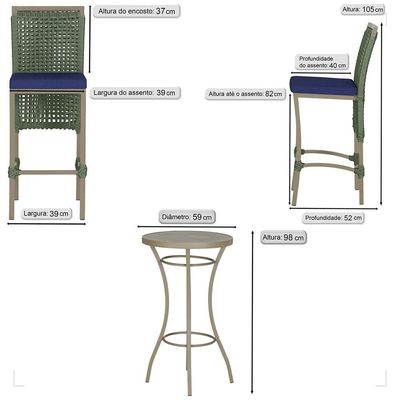 Mesa Bistrô 4 Banquetas Roma Fendi Corda Estofado 10 Trama Verde