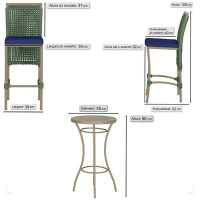 Mesa Bistrô 2 Banquetas Roma Preta Corda Estofado 10 Trama Verde