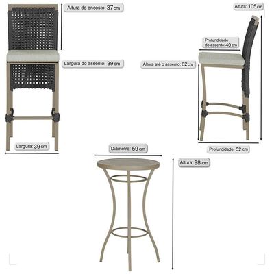 Mesa Bistrô 2 Banquetas Roma Fendi Corda Náutica 3 Trama Preto
