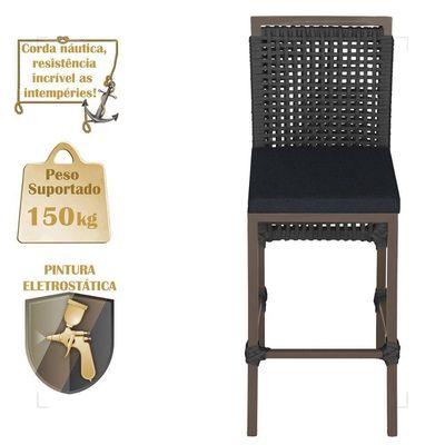 Mesa Bistro E 4 Banquetas Roma Marrom Corda Náutica 12 Preta