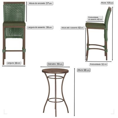 Mesa Bistro E 2 Banquetas Roma Marrom Corda Náutica 13 Verde