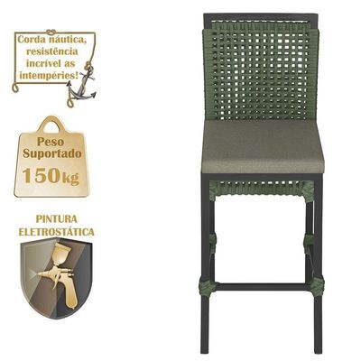 5 Banqueta Em Alumínio Roma Preta Corda Náutica Tecido 8 Verde