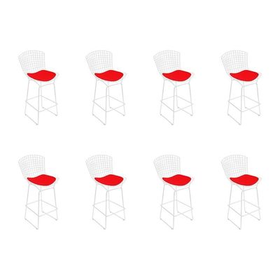 Kit 8 Banquetas Bistrô Bertoia Branca D80 Com Assento Vermelho