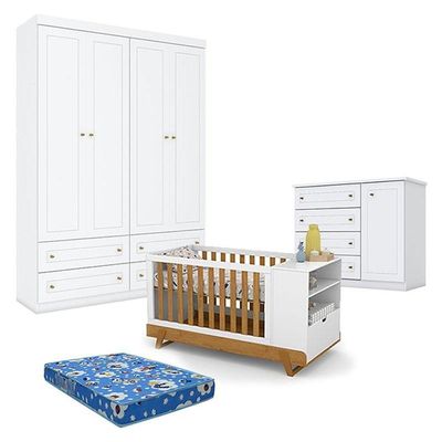 Quarto De Bebê Americano 4 Portas Com Berço Multifuncional Bkids Branco Freijó Eco Wood - Matic - Henn E Colchão Ortobom