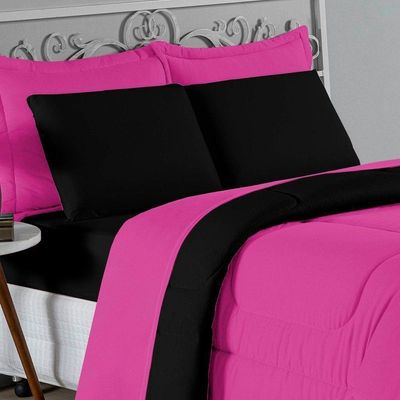 Kit Edredom Dupla Face + Jogo De Lençol Casal Nobre 7 Peças Malha 100% Algodão - Pink / Preto