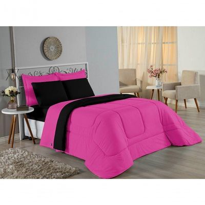 Kit Edredom Dupla Face + Jogo De Lençol Casal Nobre 7 Peças Malha 100% Algodão - Pink / Preto