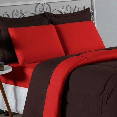 Kit Edredom Dupla Face + Jogo De Lençol Casal Nobre 7 Peças Malha 100% Algodão - Marrom / Vermelho