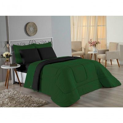 Edredom Solteiro Nobre 1 Peça Dupla Face 1,60m X 2,40m Malha 100% Algodão - Verde-bandeira / Preto