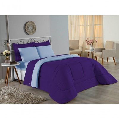 Edredom Solteiro Nobre 1 Peça Dupla Face 1,60m X 2,40m Malha 100% Algodão - Roxo / Azul-bebê