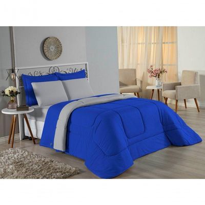 Edredom Queen Nobre 1 Peça Dupla Face 2,40m X 2,60m Malha 100% Algodão - Royal / Cinza