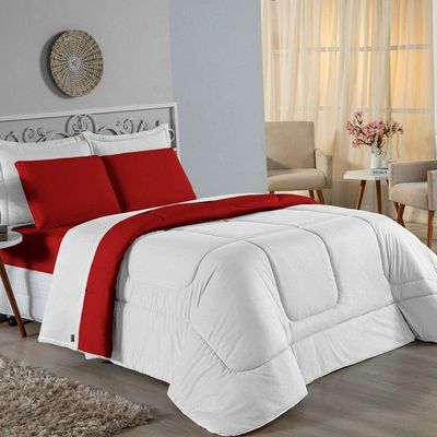 Edredom Queen Nobre 1 Peça Dupla Face 2,40m X 2,60m Malha 100% Algodão - Branco / Vermelho