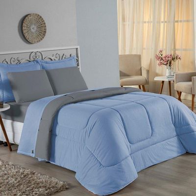 Edredom Queen Nobre 1 Peça Dupla Face 2,40m X 2,60m Malha 100% Algodão - Azul-bebê / Cinza