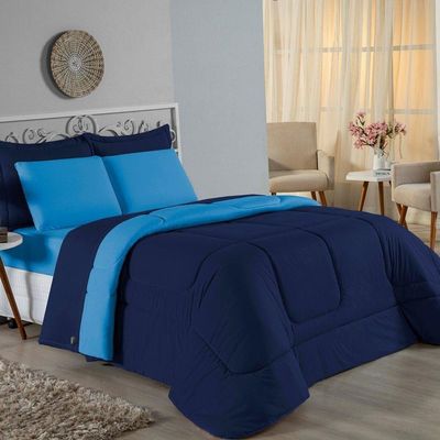Edredom Queen Nobre 1 Peça Dupla Face 2,40m X 2,60m Malha 100% Algodão - Azul-marinho / Turquesa
