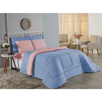 Edredom Casal Nobre 1 Peça Dupla Face 2,00m X 2,20m Malha 100% Algodão - Azul-bebê / Rosa-bebê