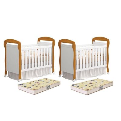 Kit Gêmeos Berço Mini Cama Danny Branco/savana Com Colchões Supreme - Reller Móveis Branco/savana