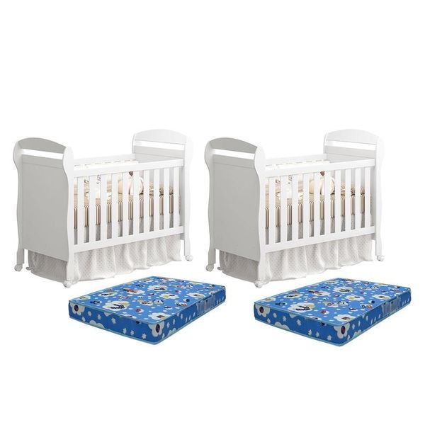 Kit Gêmeos Berço Mini Cama Danny Branco Fosco Com Colchões Baby Physical - Reller Móveis Branco Fosco