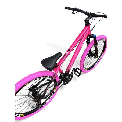 Bicicleta aro26 Vikingx Tuff Câmbios Shimano Freio Hidráulico 21v Freeride aroVmaxx Flame RosaPreto